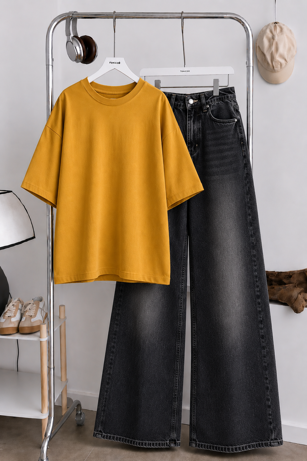 (DUO PACK) MUSTARD BAGGY TEE WITH MALAYSIAN BLACK FADED WIDE LEG JEANS.