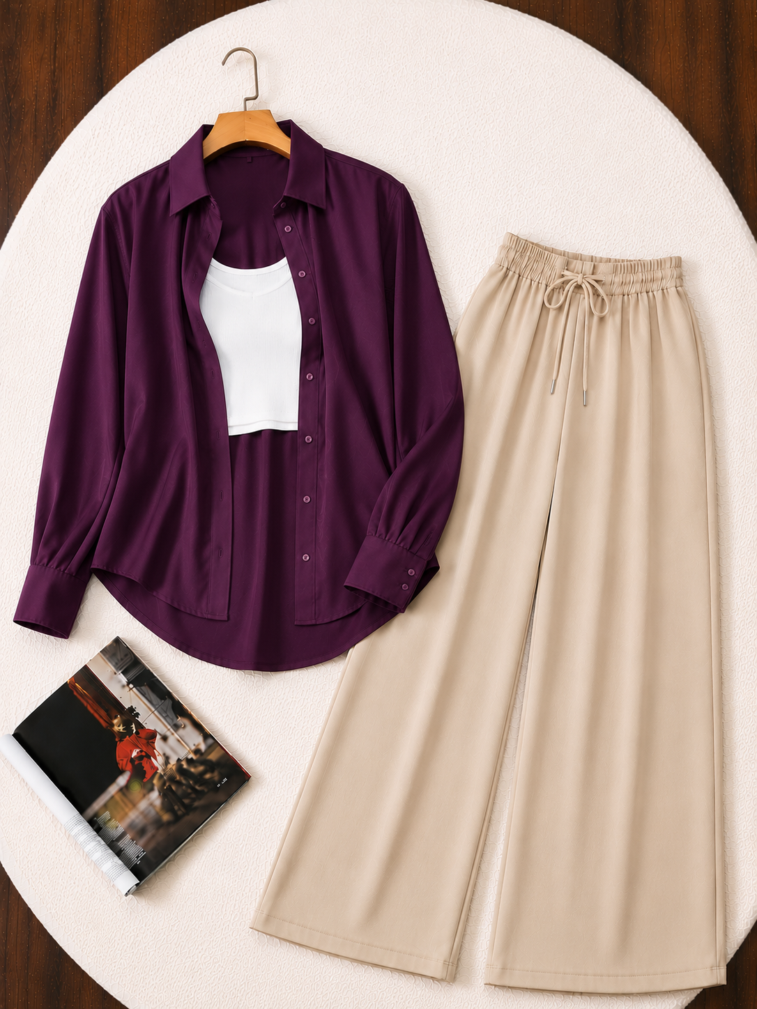 (TRIO PACK) DARK PURPLE BUTTON DOWN SHIRT WITH WHITE INNER AND BEIGE FLAPPER TROUSER.