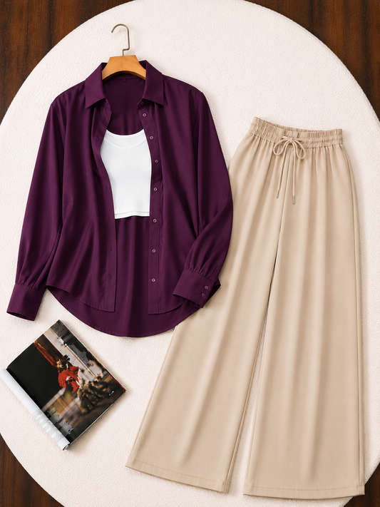 (TRIO PACK) DARK PURPLE BUTTON DOWN SHIRT WITH WHITE INNER AND BEIGE FLAPPER TROUSER.