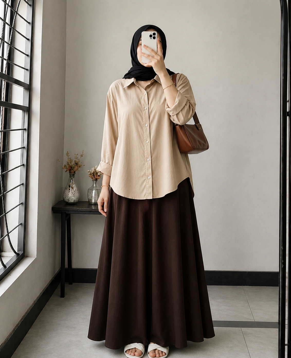 DUO PACK ( BEIGE BUTTON DOWN SHIRT WITH DARK BROWN MAXI SKIRT )