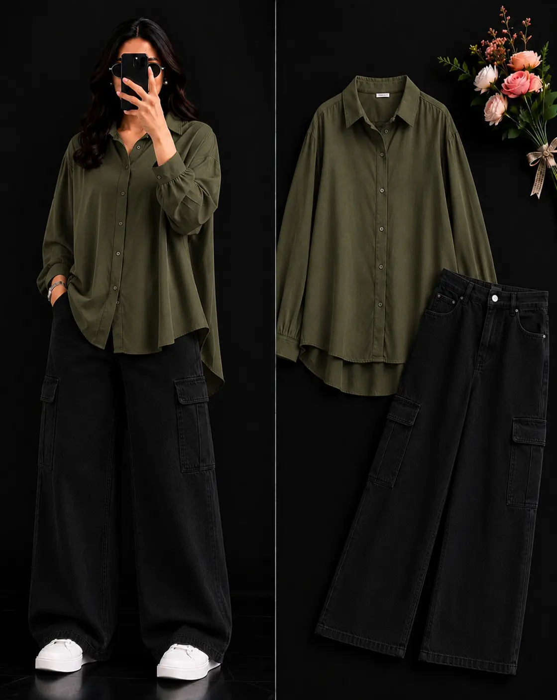 DUO PACK ( OLIVE GREEN BUTTON DOWN SHIRT WITH BLACK WIDE LEG CARGO DENIM )
