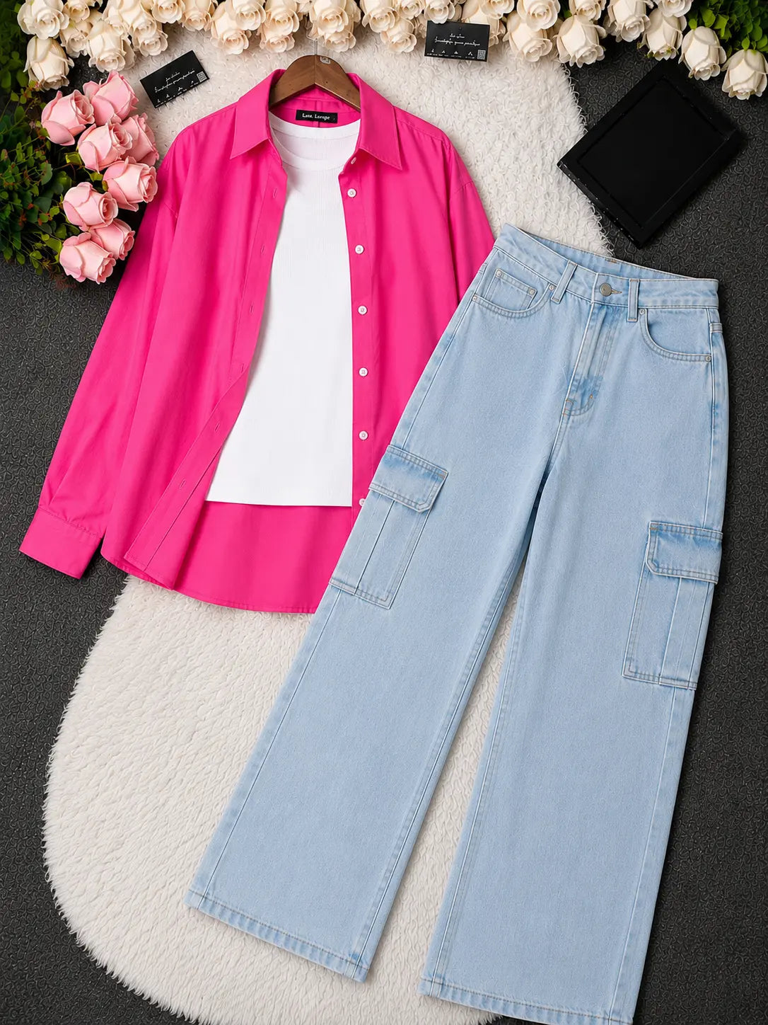 SUMMER TRIO PACK ( SHOCKING PINK BUTTON DOWN SHIRT WITH WHITE INNER AND ICE BLUE CARGO DENIM)