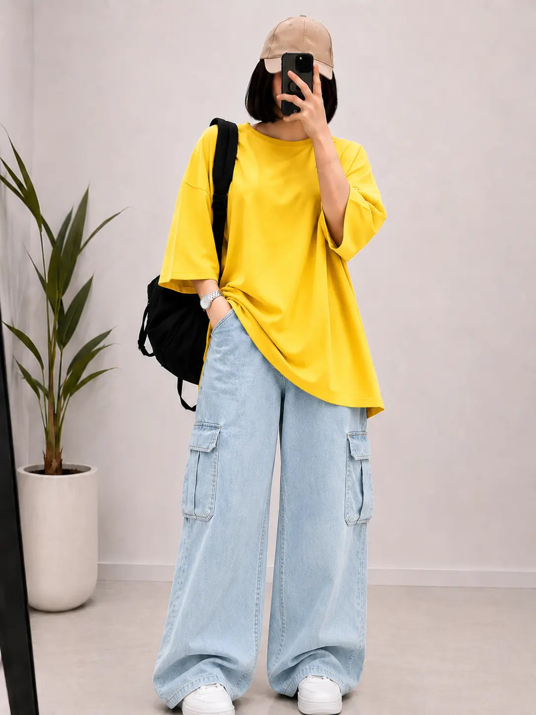 DUO PACK ( YELLOW BAGGY TEE  WITH ICE BLUE CARGO WIDE LEG JEANS )
