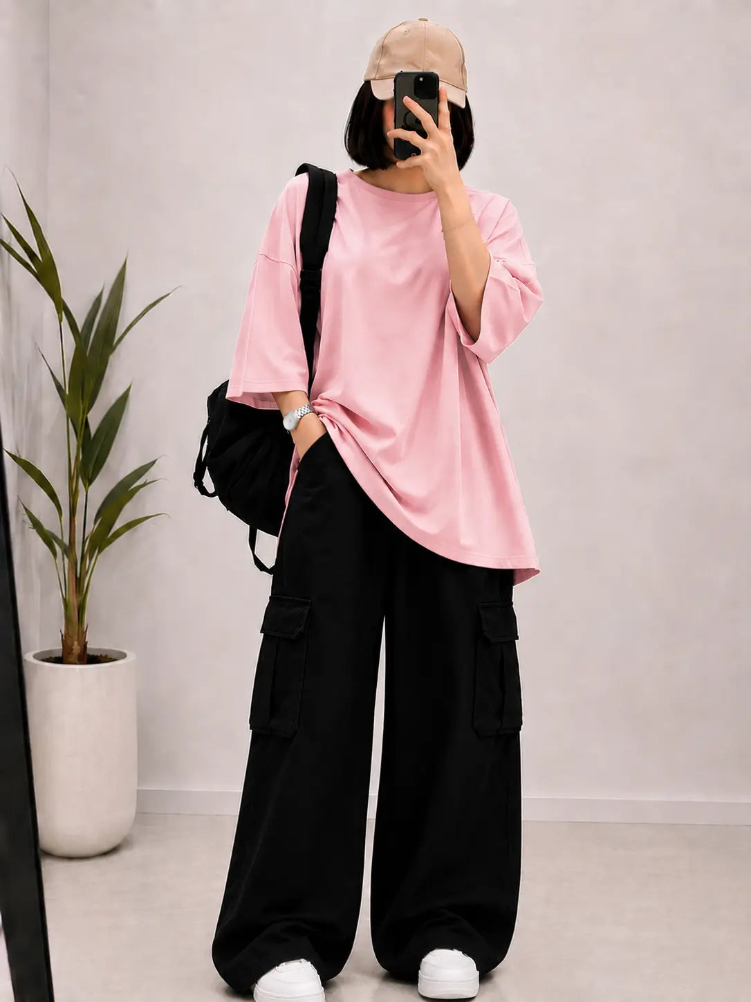 DUO PACK ( BABY PINK BAGGY TEE WITH BLACK CARGO WIDE LEG JEANS )