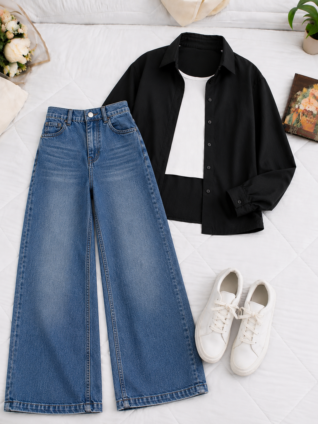 (TRIO PACK) BLACK BUTTON DOWN SHIRT WITH WHITE INNER AND MID BLUE FADED WIDE LEG JEANS