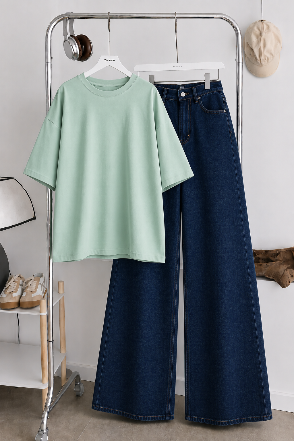 (DUO PACK) MINT GREEN BAGGY TEE WITH DARK BLUE WIDE LEG JEANS.