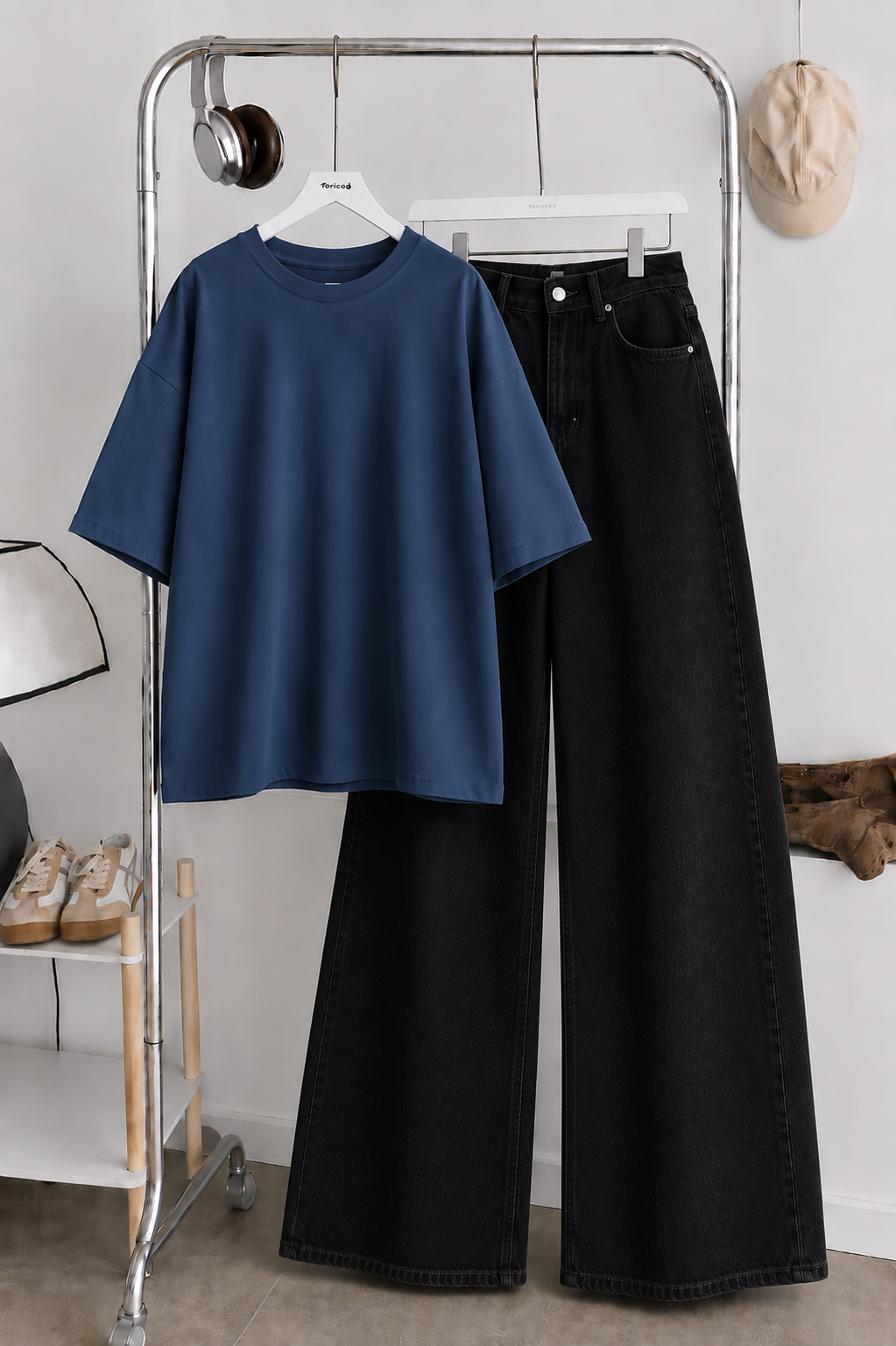 (DUO PACK) PETROLEUM BLUE BAGGY TEE WITH JET BLACK WIDE LEG JEANS
