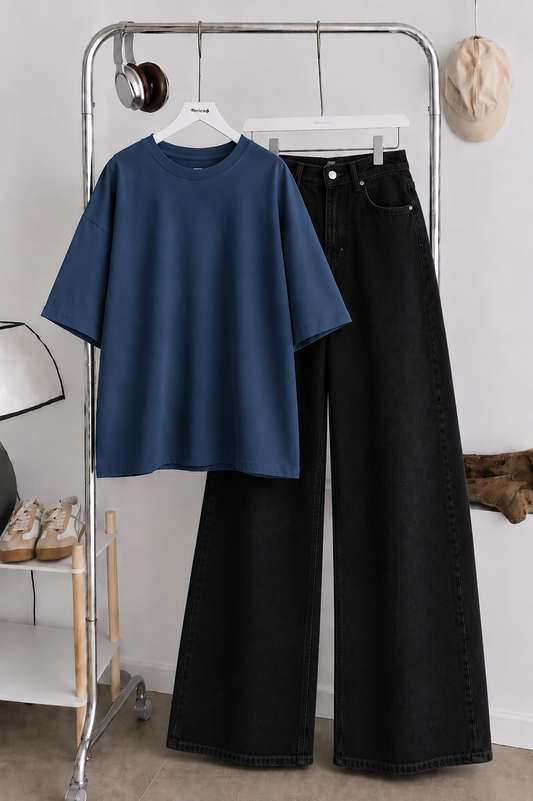 (DUO PACK) PETROLEUM BLUE BAGGY TEE WITH JET BLACK WIDE LEG JEANS