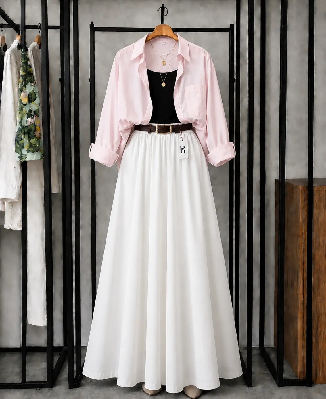 SUMMER TRIO PACK ( BABY PINK BUTTON DOWN SHIRT WITH BLACK INNER AND WHITE MAXI SKIRT )