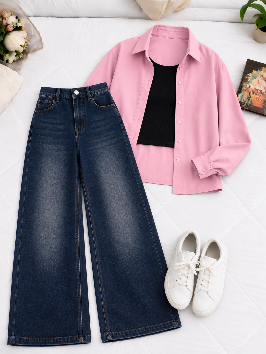 (TRIO PACK) BABY PINK BUTTON DOWN SHIRT WITH BLACK INNER AND DARK BLUE FADED WIDE LEG JEANS