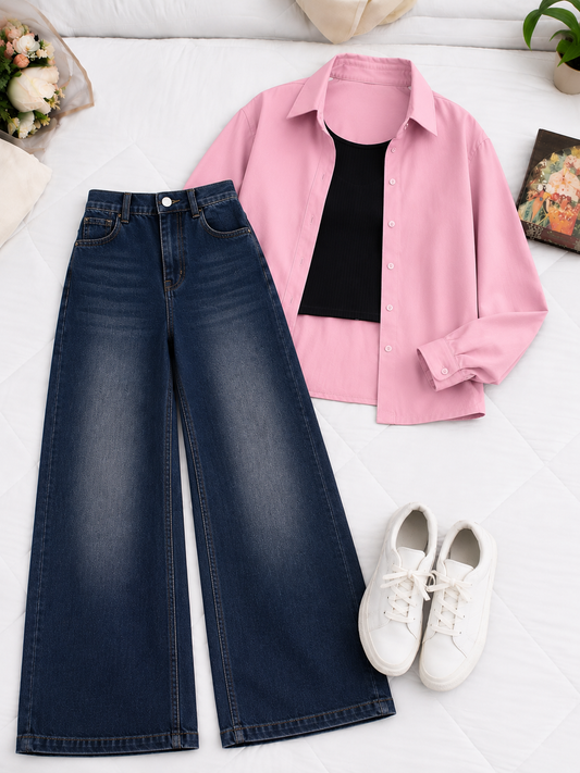 (TRIO PACK) BABY PINK BUTTON DOWN SHIRT WITH BLACK INNER AND DARK BLUE FADED WIDE LEG JEANS