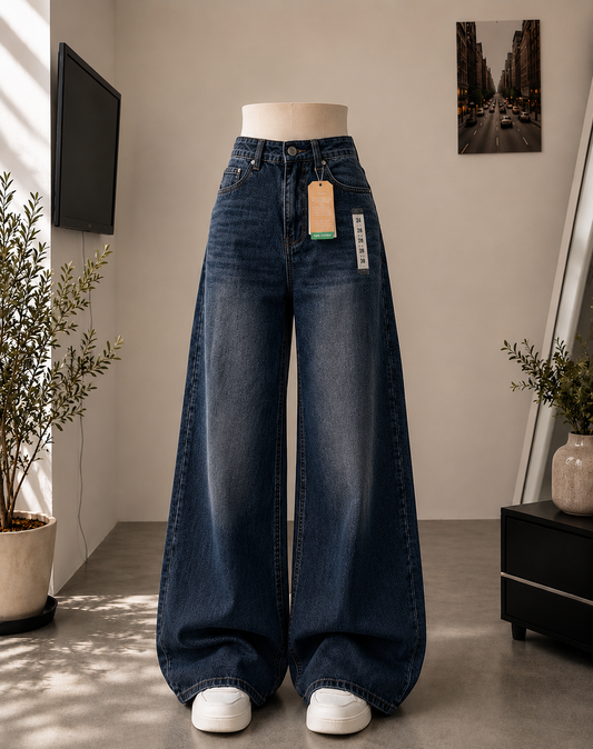 DARK BLUE FADED FADED LEG BAGGY JEANS