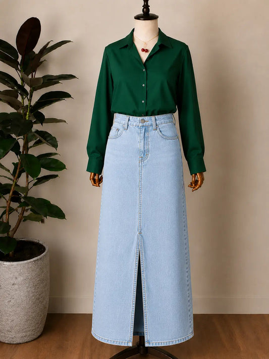 DUO PACK ( BOTTLE GREEN BUTTON DOWN SHIRT WITH ICE BLUE DENIM SKIRT )