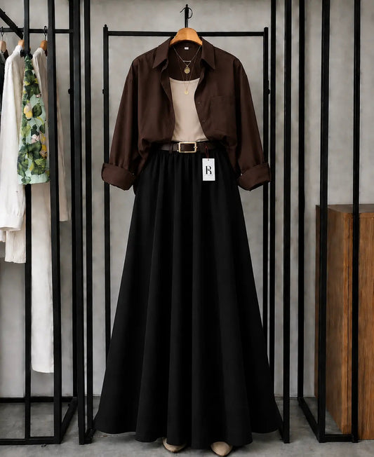 SUMMER TRIO PACK ( DARK BROWN BUTTON DOWN SHIRT WITH BEIGE INNER AND BLACK MAXI SKIRT)