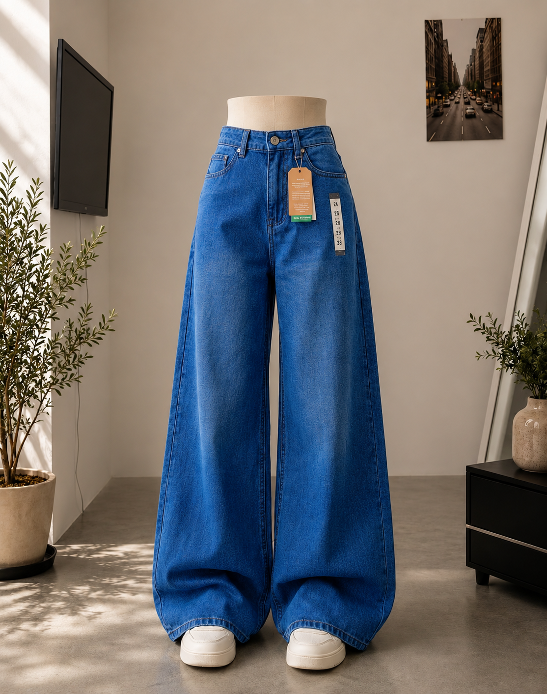 MID BLUE FADED WIDE LEG BAGGY JEANS.
