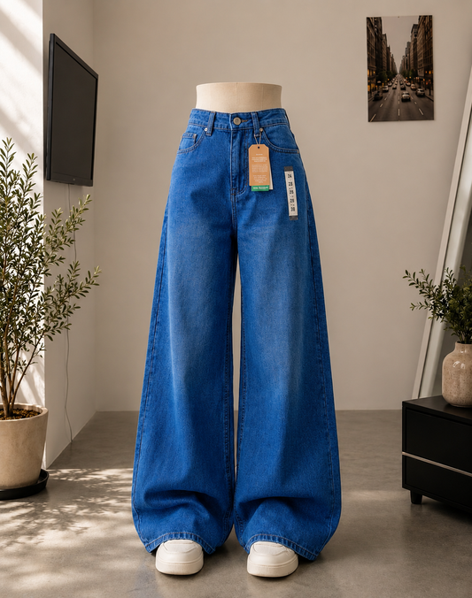 MID BLUE FADED WIDE LEG BAGGY JEANS.