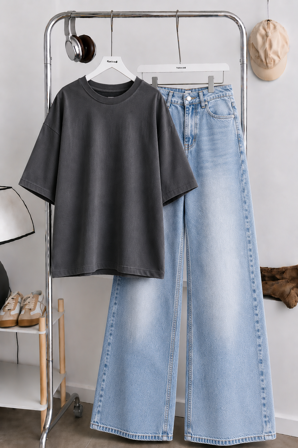 (DUO PACK) DARK GREY BAGGY TEE WITH SKY BLUE FADED WIDE LEG JEANS.