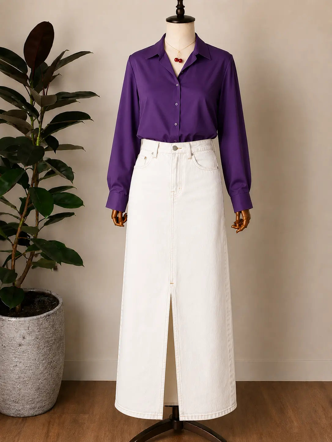 DUO PACK ( DARK PURPLE BUTTON DOWN SHIRT WITH WHITE DENIM SKIRT )