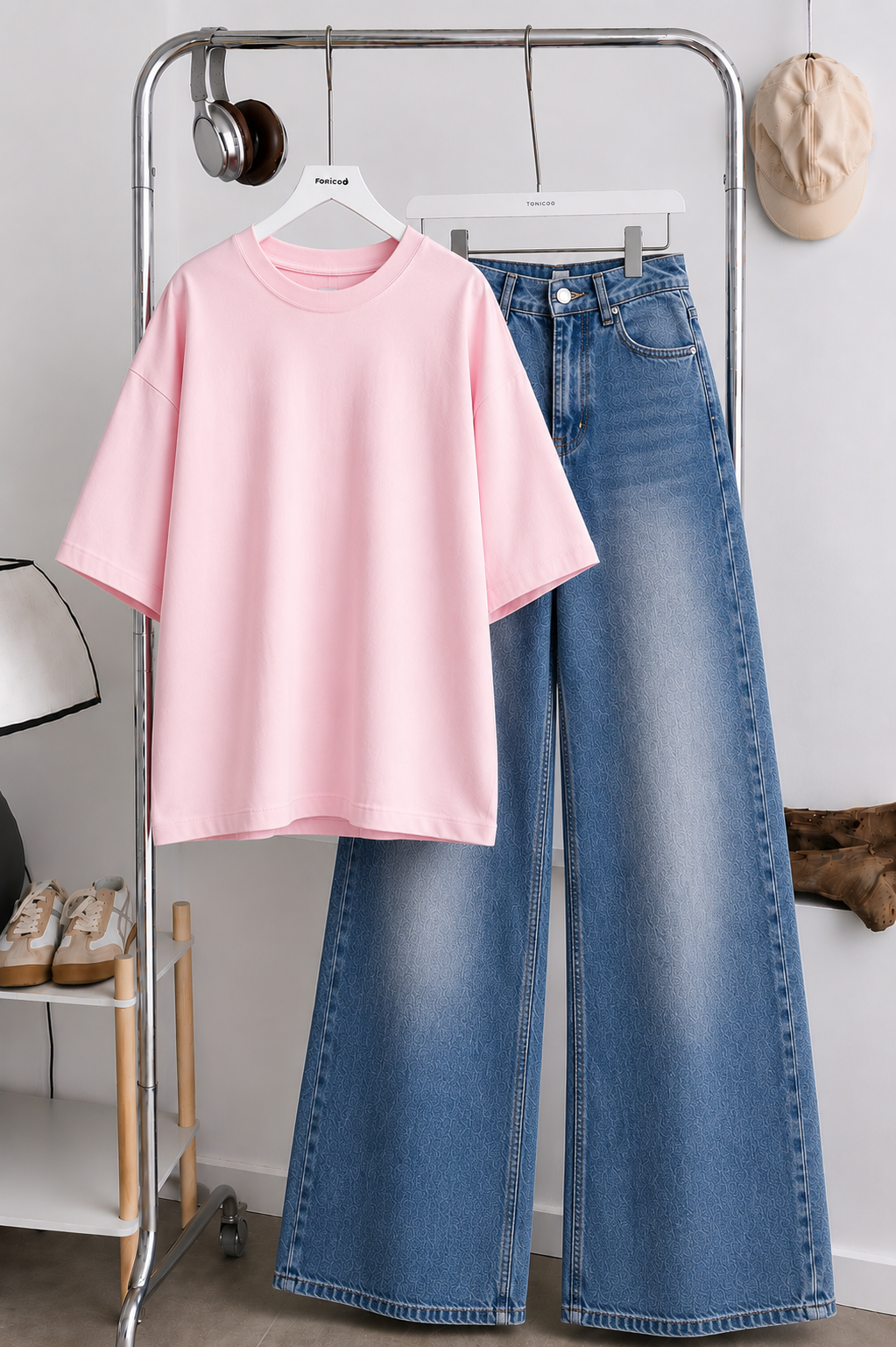 (DUO PACK) BABY PINK BAGGY TEE WITH MID BLUE FADED WIDE LEG JEANS.