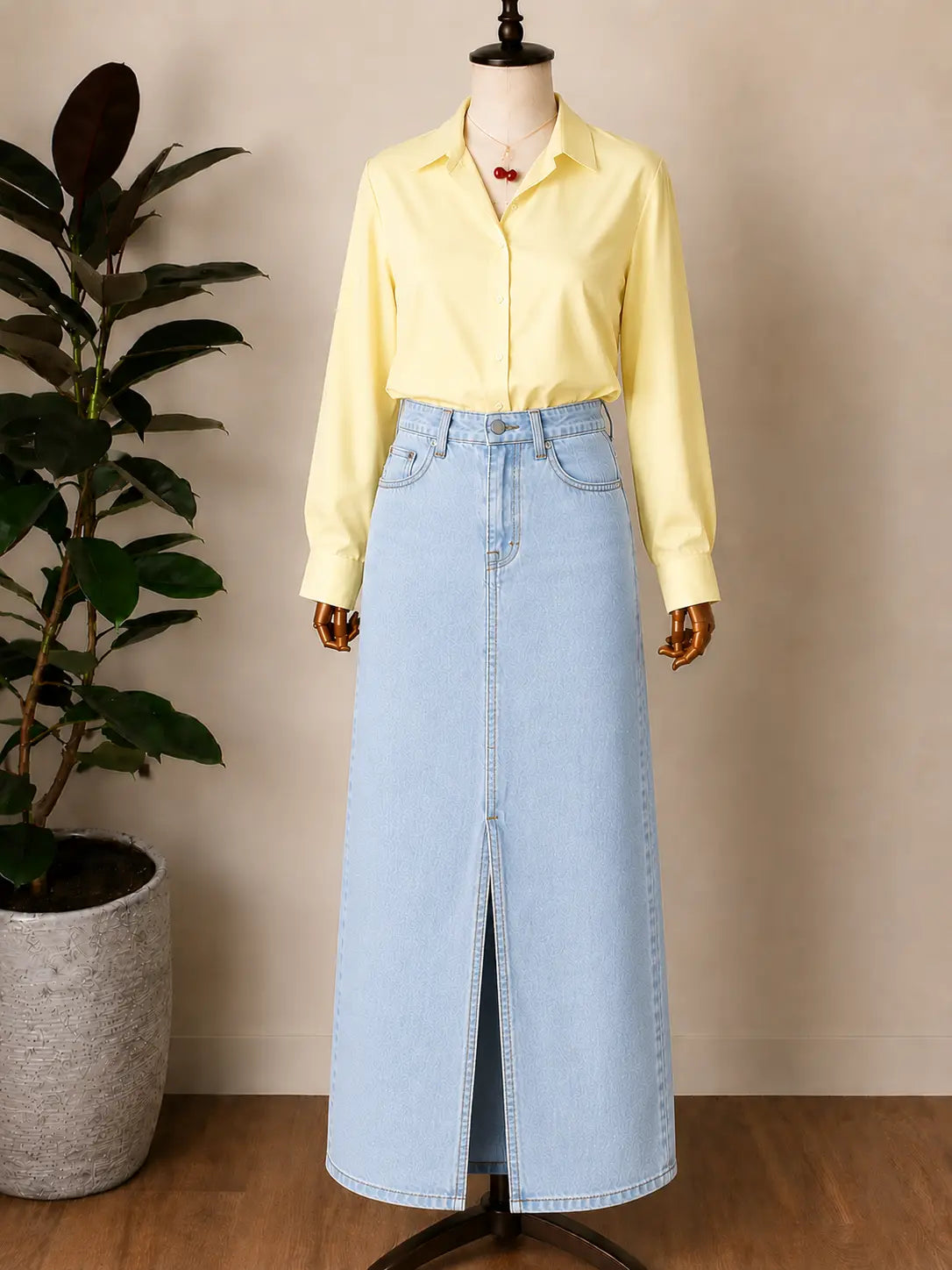 DUO PACK ( BUTTER YELLOW BUTTON DOWN SHIRT WITH ICE BLUE DENIM SKIRT )