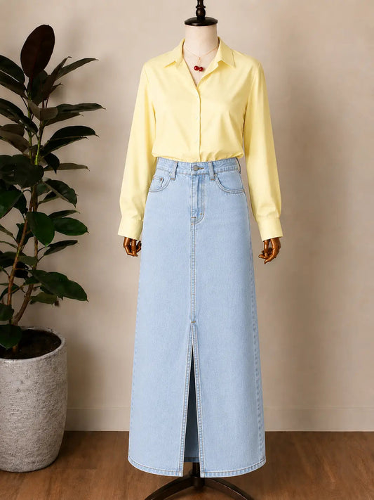 DUO PACK ( BUTTER YELLOW BUTTON DOWN SHIRT WITH ICE BLUE DENIM SKIRT )