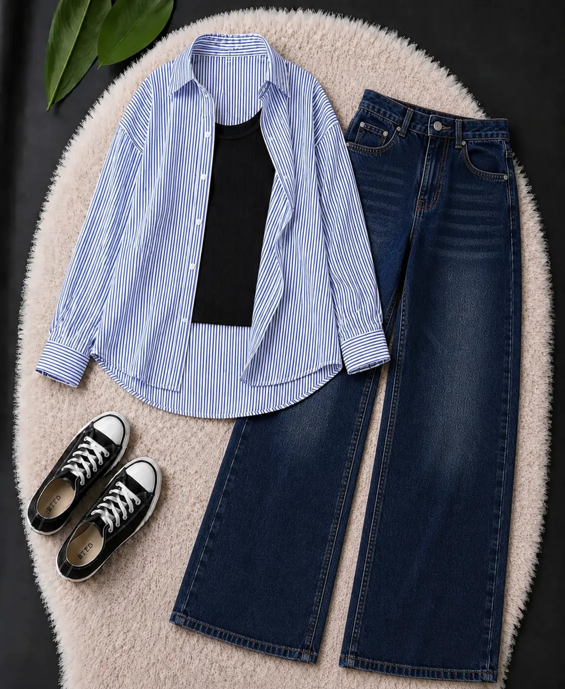 TRIO PACK (WHITE AND BLUE STRIPES BUTTON DOWN SHIRT WITH BLACK INNER AND DARK BLUE FADED WIDE LEG JEANS)