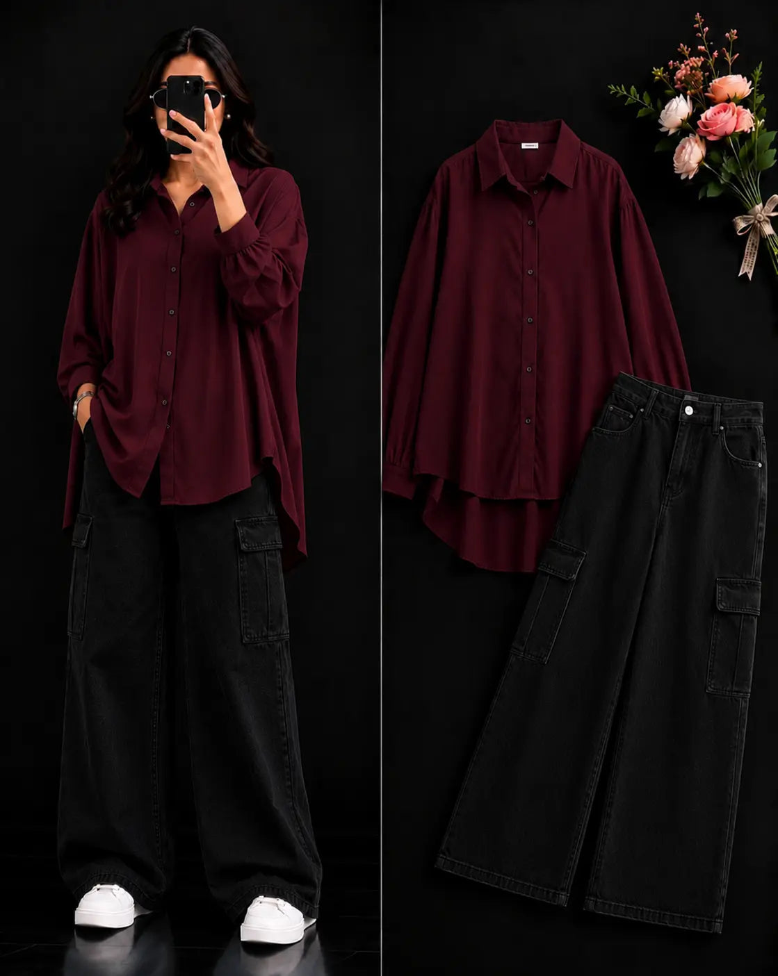 DUO PACK ( MAROON BUTTON DOWN SHIRT WITH BLACK WIDE LEG CARGO DENIM )