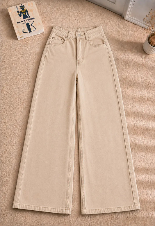 BEIGE WIDE LEG BAGGY JEANS