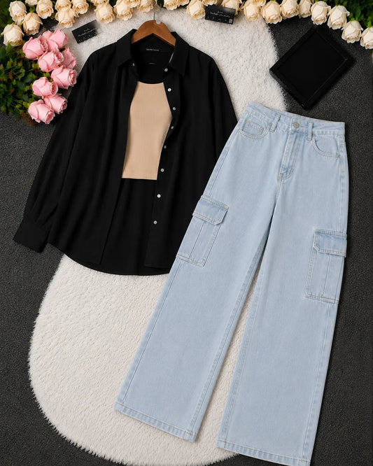 SUMMER TRIO PACK ( BLACK BUTTON DOWN SHIRT WITH BEIGE INNER AND ICE BLUE WIDE LEG CARGO DENIM)