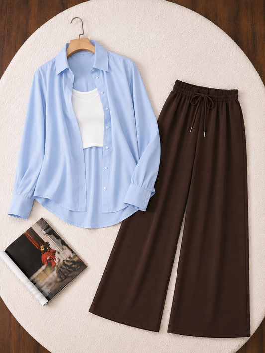 (TRIO PACK) SKY BLUE BUTTON DOWN SHIRT WITH WHITE INNER AND DARK BROWN FLAPPER TROUSER.
