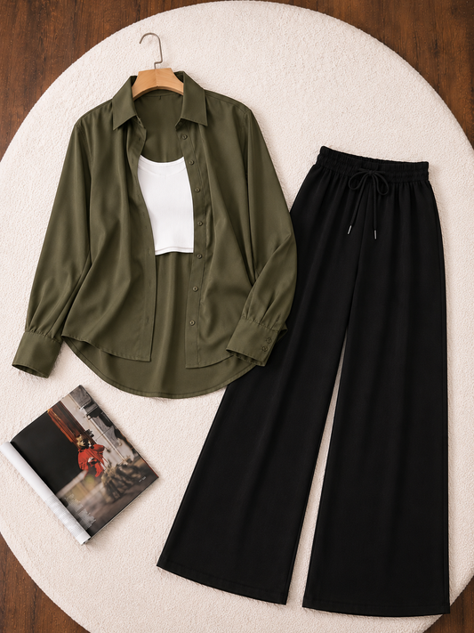(TRIO PACK) OLIVE GREEN BUTTON DOWN SHIRT WITH WHITE INNER AND BEIGE FLAPPER TROUSER.
