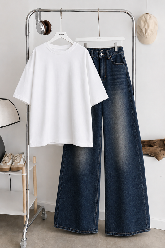 (DUO PACK) WHITE BAGGY TEE WITH DARK BLUE FADED WIDE LEG JEANS.