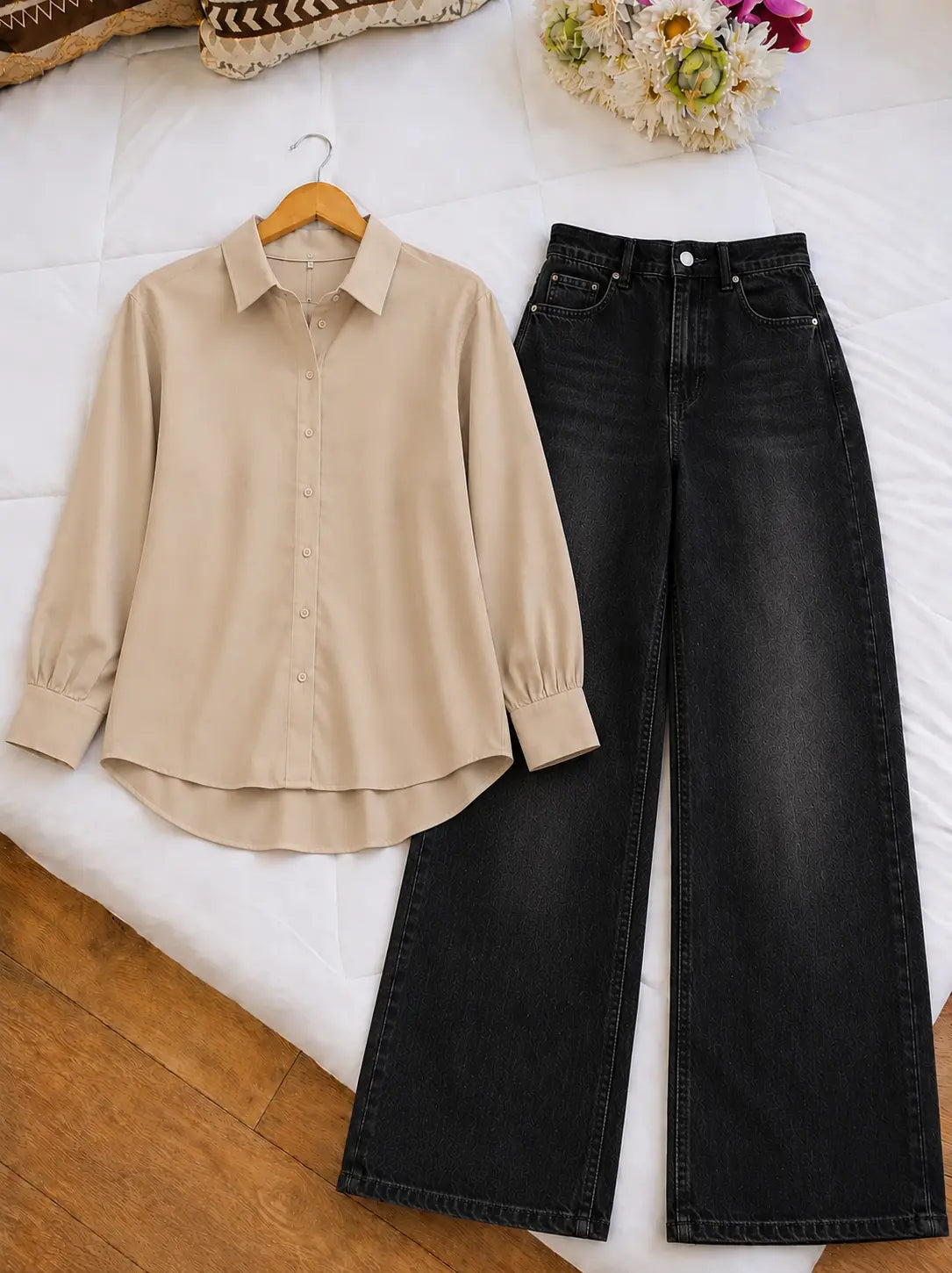 DUO PACK (BEIGE BUTTON DOWN SHIRT WITH MALAYSIAN BLACK WIDE LEG JEANS)