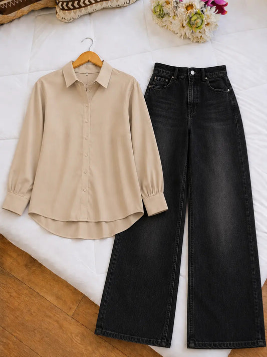 DUO PACK (BEIGE BUTTON DOWN SHIRT WITH MALAYSIAN BLACK WIDE LEG JEANS)