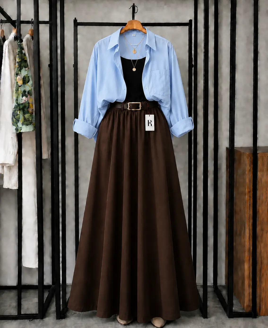 SUMMER TRIO PACK ( SKY BLUE BUTTON DOWN SHIRT WITH BLACK INNER AND DARK BROWN MAXI SKIRT)