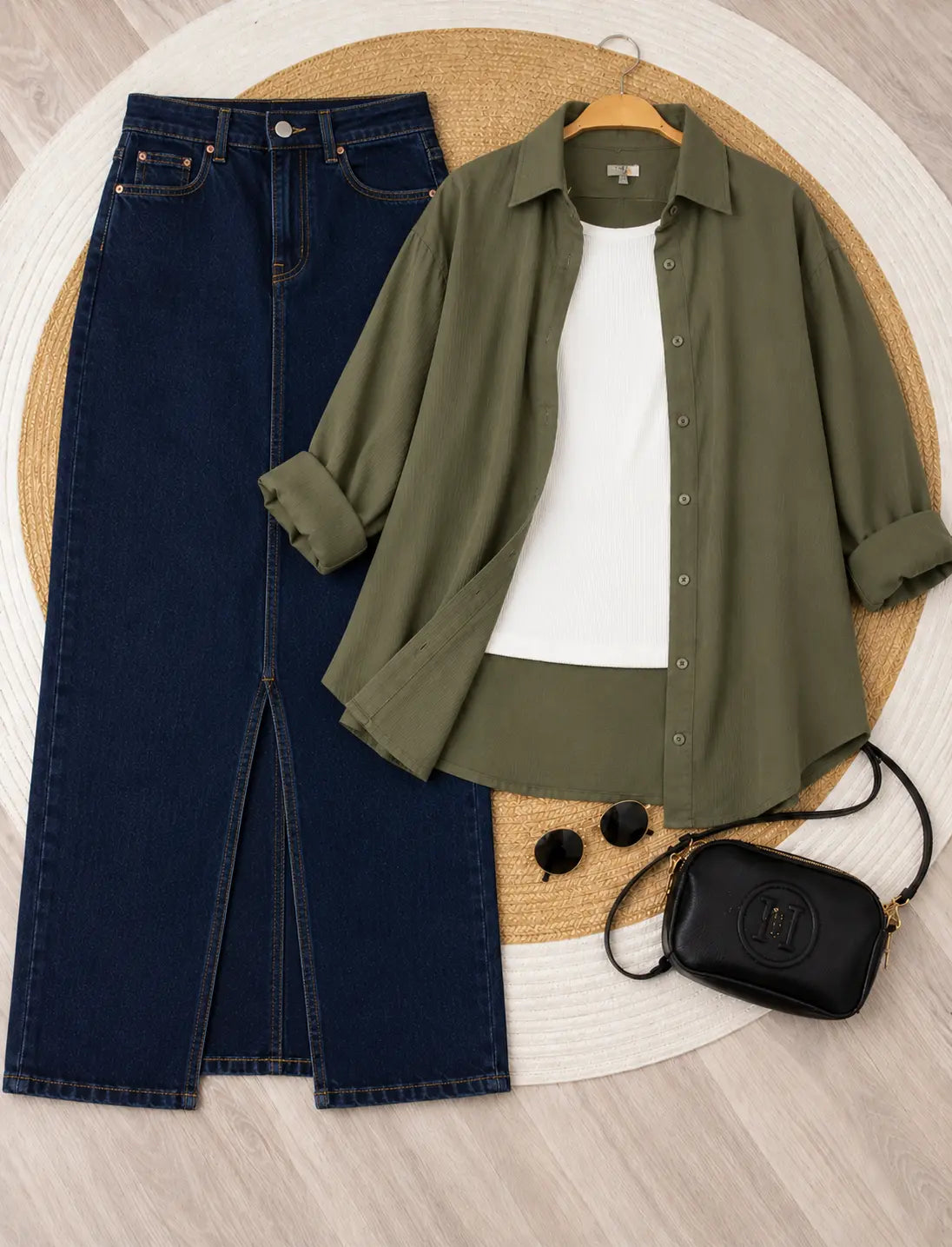 SUMMER TRIO PACK ( OLIVE GREEN BUTTON DOWN SHIRT WITH WHITE INNER AND DARK BLUE DENIM SKIRT )