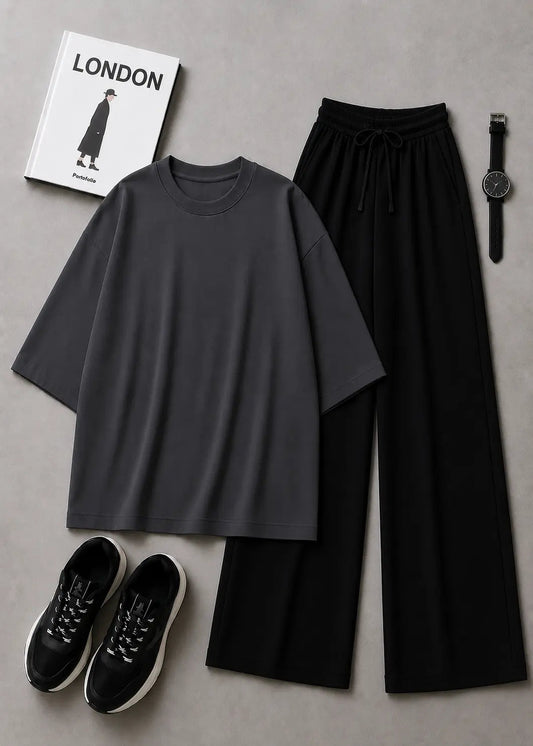 DUO PACK ( DARK GREY BAGGY TEE WITH BLACK FLAPPER TROUSER)