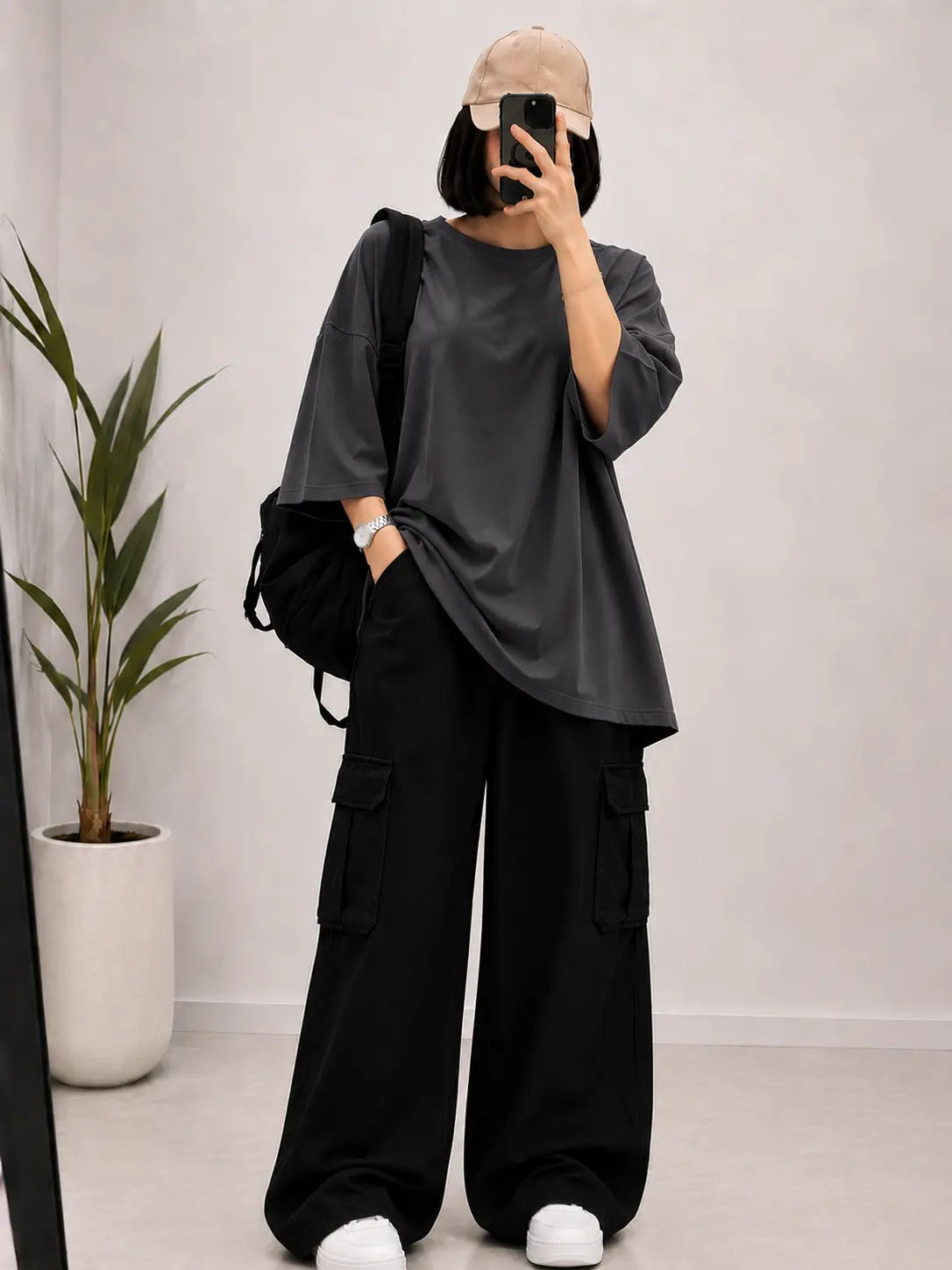 DUO PACK ( DARK GREY BAGGY TEE  WITH BLACK CARGO WIDE LEG JEANS )