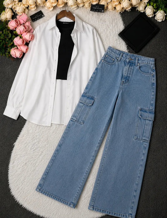 SUMMER TRIO PACK ( WHITE BUTTON DOWN SHIRT WITH BLACK INNER AND MID BLUE CARGO DENIM)