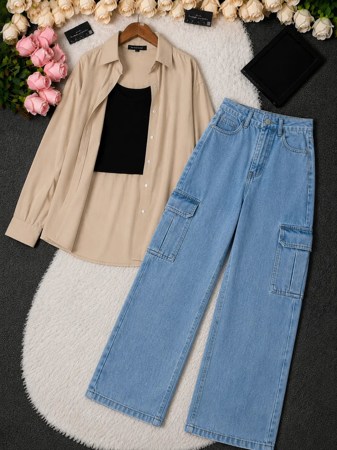 SUMMER TRIO PACK ( BEIGE BUTTON DOWN SHIRT WITH BLACK INNER AND LIGHT BLUE WIDE LEG CARGO DENIM)
