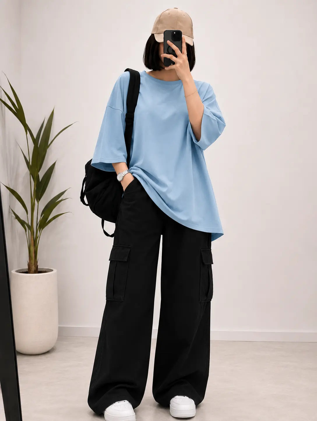 DUO PACK ( SKY BLUE BAGGY TEE WITH BLACK CARGO WIDE LEG JEANS )