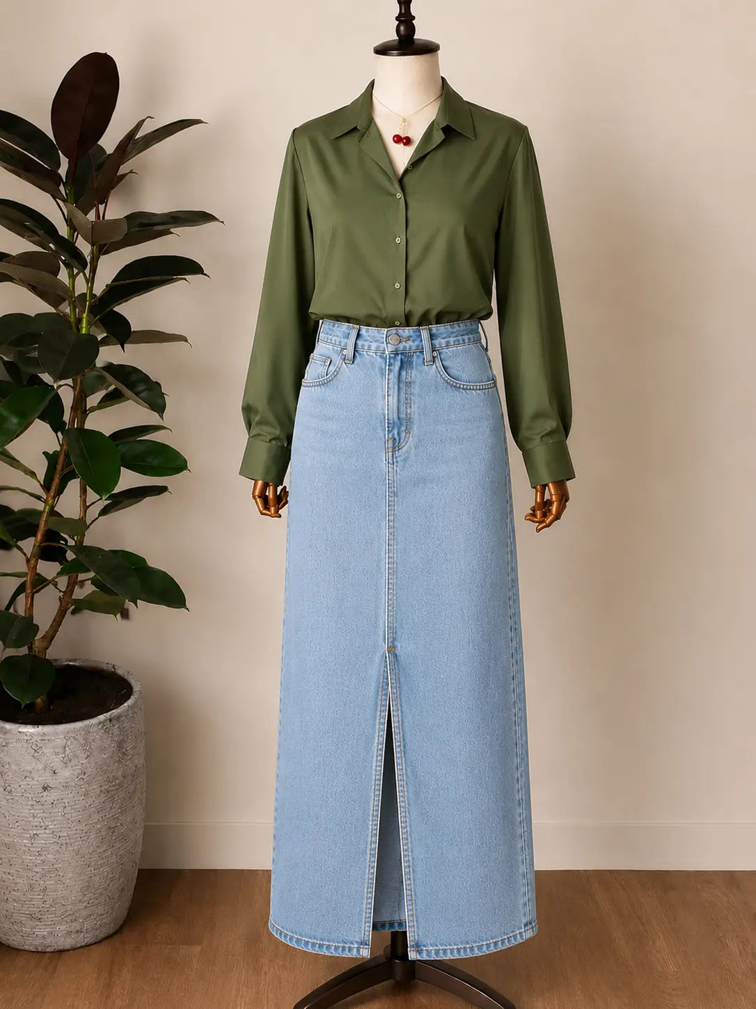 DUO PACK ( OLIVE GREEN BUTTON DOWN SHIRT WITH SKY BLUE DENIM SKIRT )