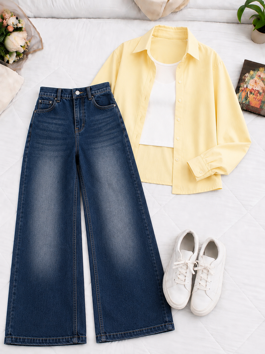 (TRIO PACK) BUTTER YELLOW BUTTON DOWN SHIRT WITH INNER AND DARK BLUE FADED WIDE LEG JEANS