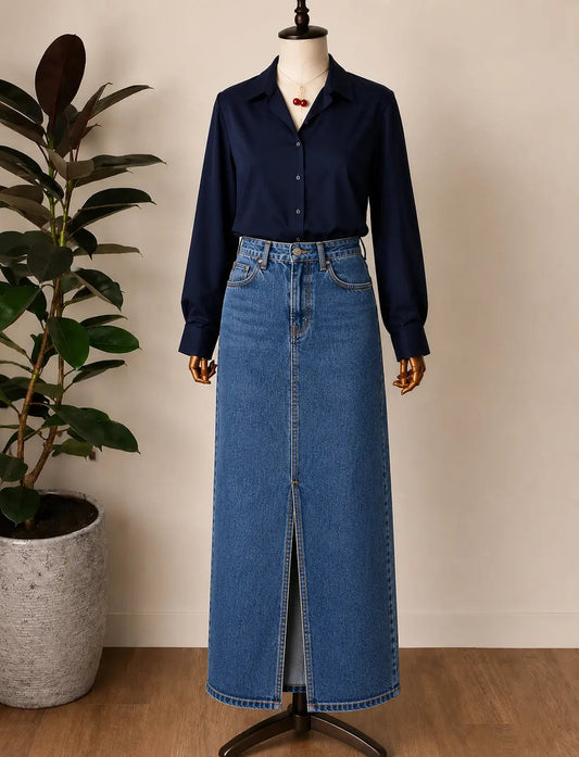 DUO PACK ( NAVY BLUE BUTTON DOWN SHIRT WITH MID BLUE DENIM SKIRT )