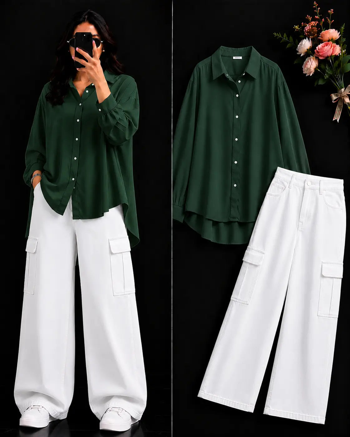 DUO PACK ( BOTTLE GREEN BUTTON DOWN SHIRT WITH WHITE WIDE LEG CARGO DENIM )