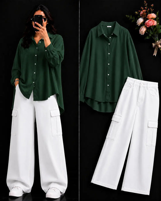 DUO PACK ( BOTTLE GREEN BUTTON DOWN SHIRT WITH WHITE WIDE LEG CARGO DENIM )