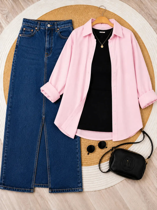 SUMMER TRIO PACK ( BABY PINK BUTTON DOWN SHIRT WITH BLACK INNER AND DARK MID BLUE DENIM SKIRT )