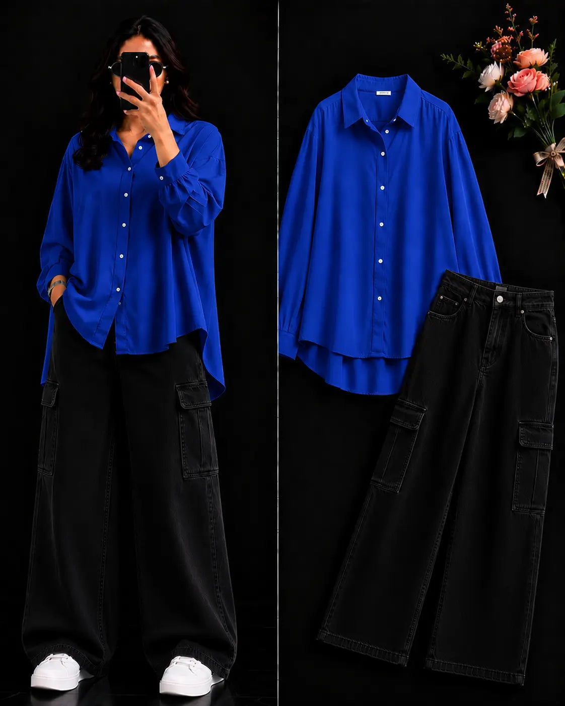 DUO PACK ( ROYAL BLUE BUTTON DOWN SHIRT WITH BLACK WIDE LEG CARGO DENIM )