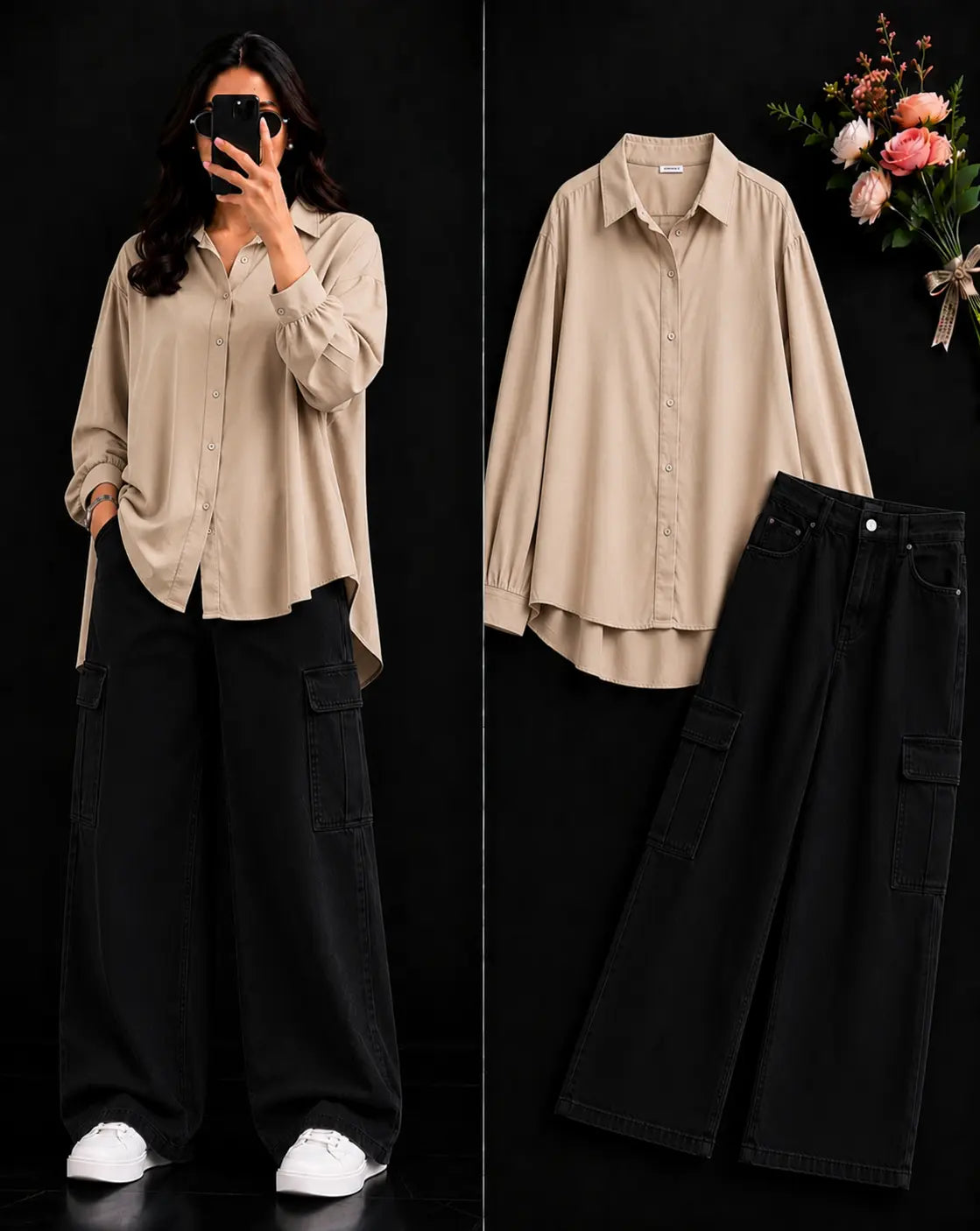 DUO PACK ( BEIGE BUTTON DOWN SHIRT WITH BLACK WIDE LEG CARGO DENIM )