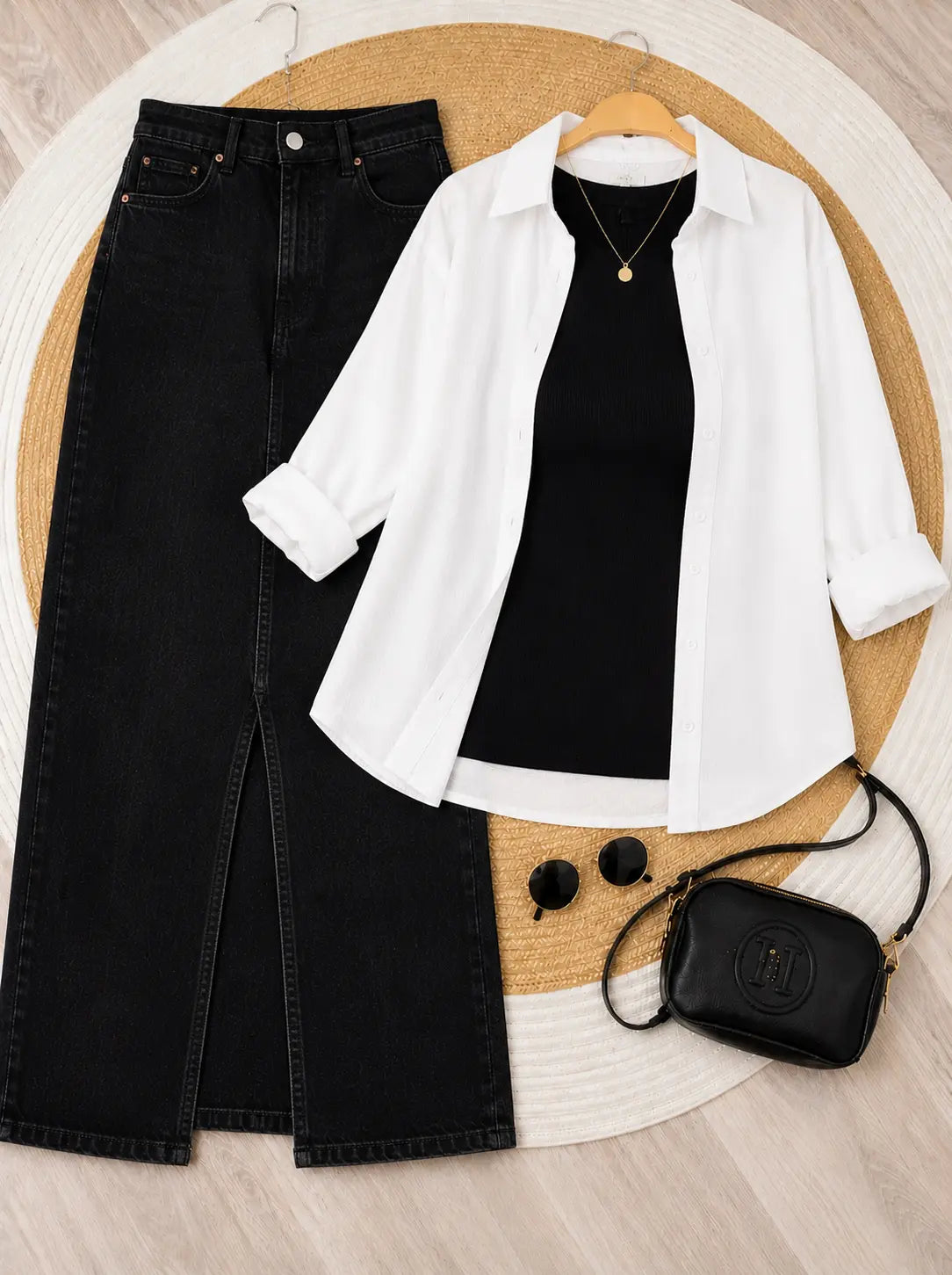 SUMMER TRIO PACK ( WHITE BUTTON DOWN SHIRT WITH BLACK INNER AND BLACK DENIM SKIRT )